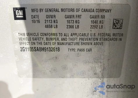 2017 Chevrolet Impala 1Lt z USA, uszkodzony, nr VIN 2G1105SA8H9132618